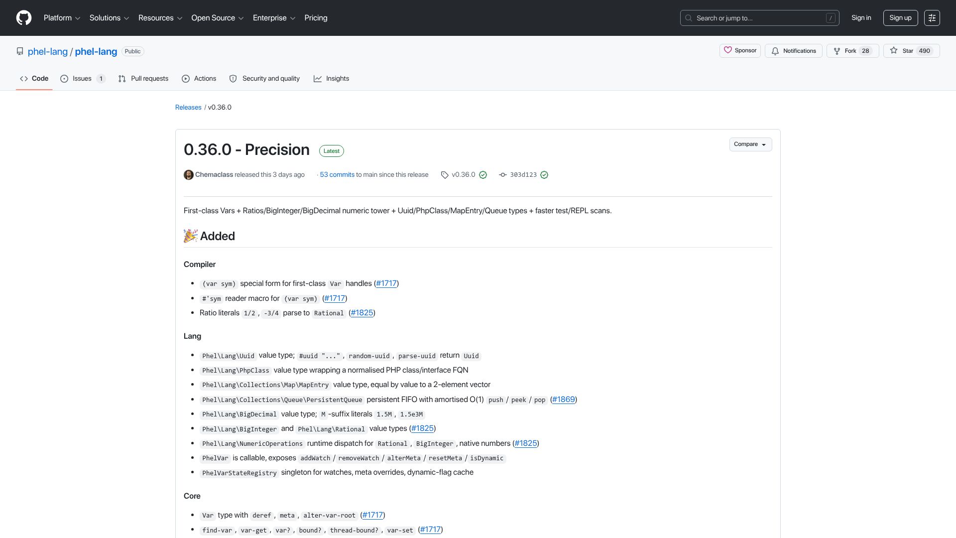 Screenshot of github.com: Phel v0.36.0 – Lisp on PHP, now with numeric tower and first-class Vars