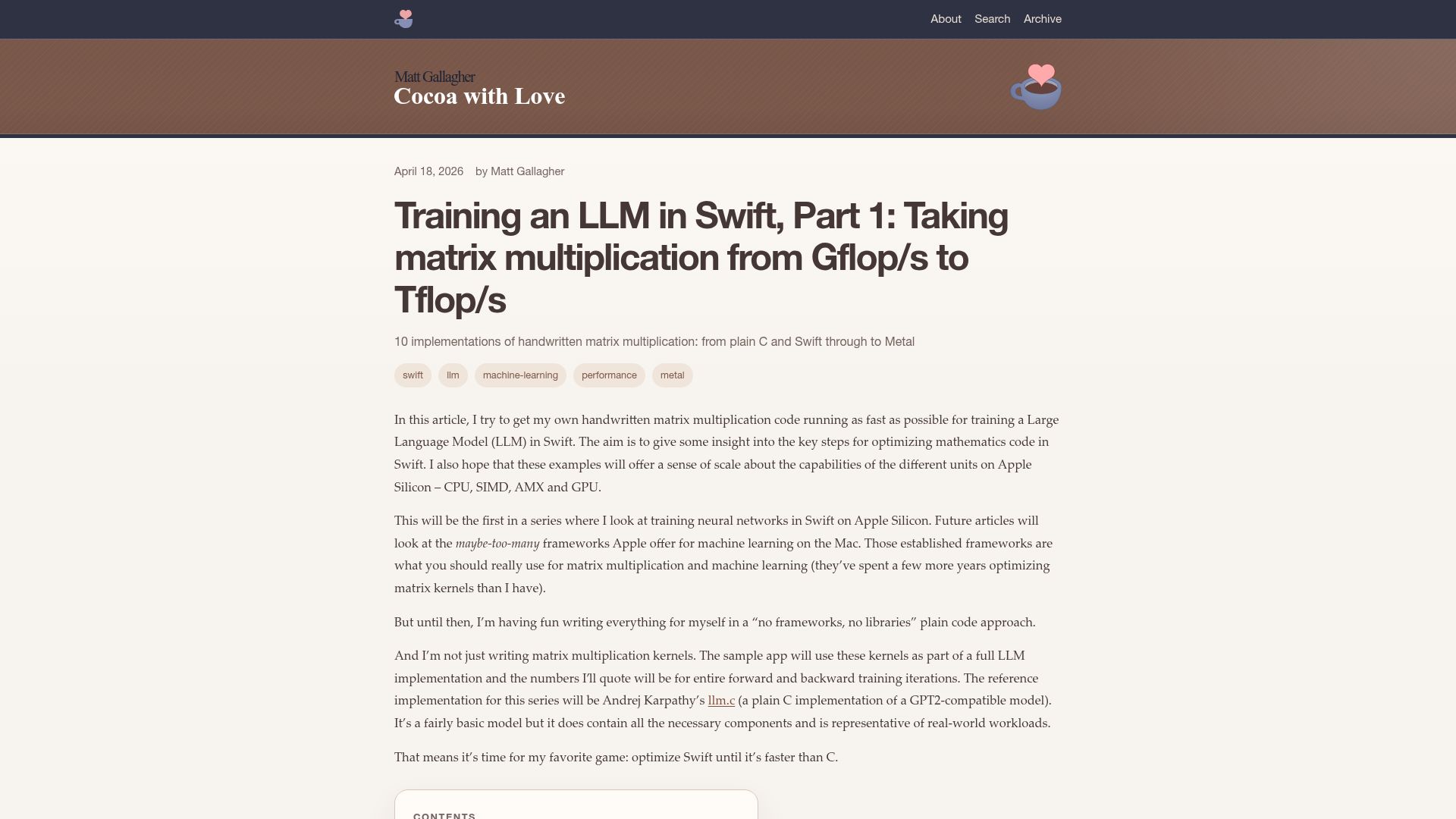 Screenshot of cocoawithlove.com: Training an LLM in Swift, Part 1: Taking matrix mult from Gflop/s to Tflop/s