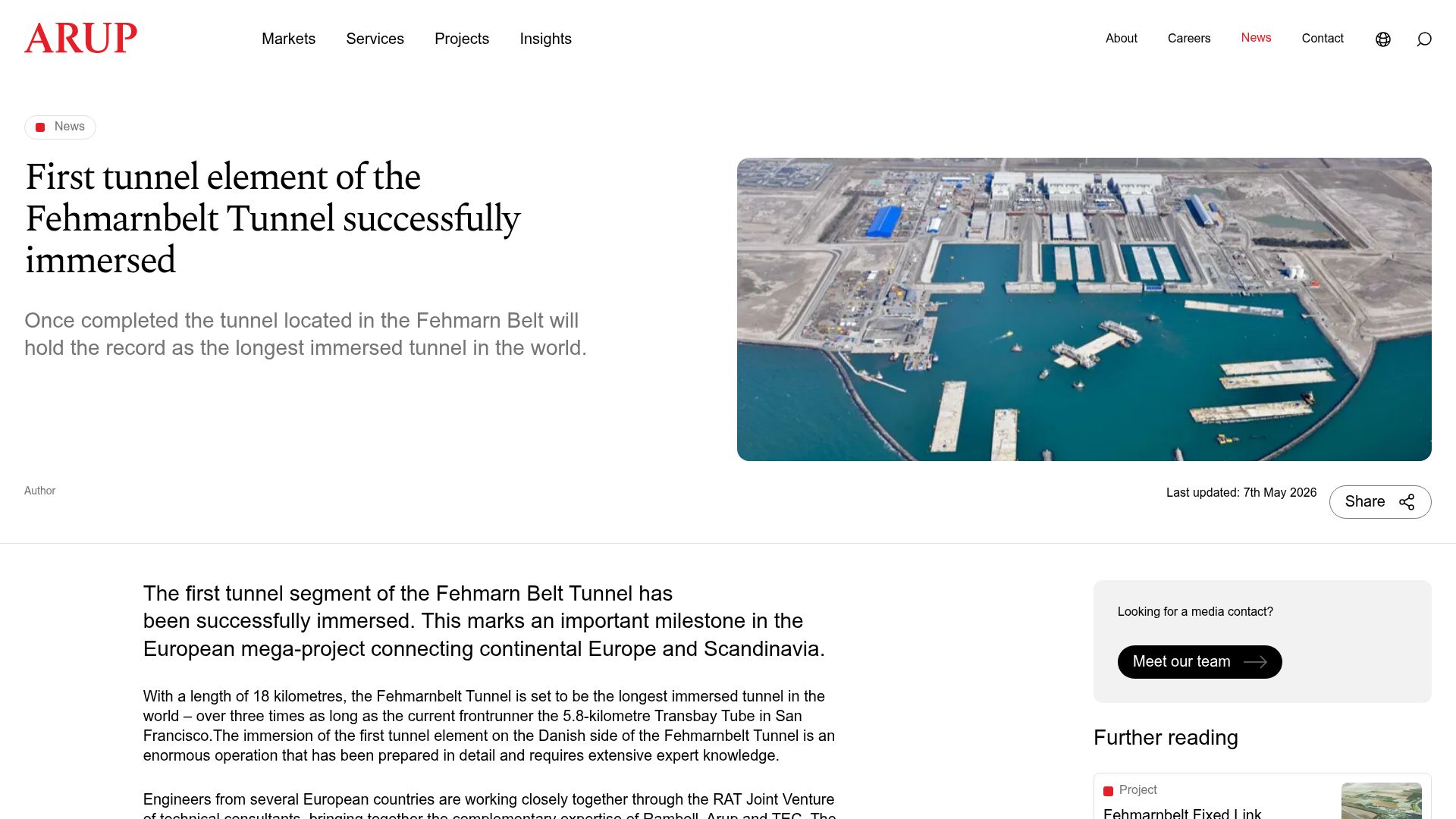 Screenshot of arup.com: First tunnel element of the Fehmarnbelt Tunnel immersed
