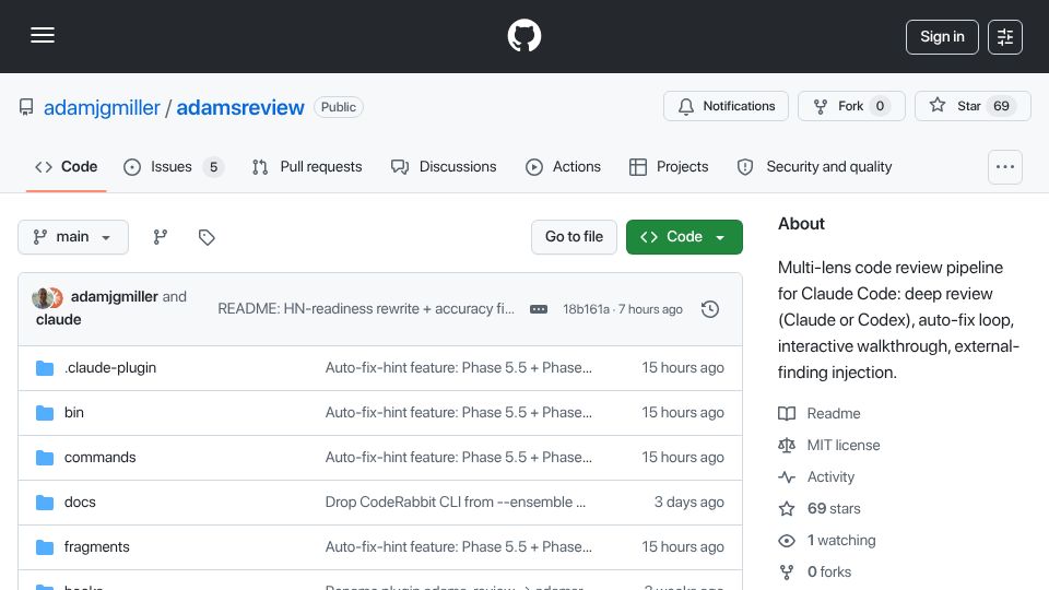 Screenshot of github.com: Show HN: adamsreview – better multi-agent PR reviews for Claude Code