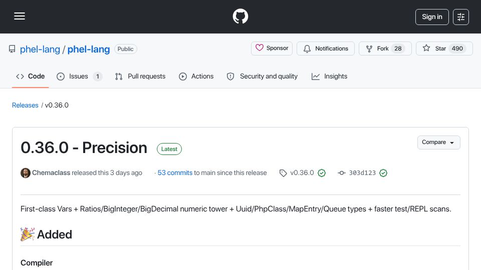 Screenshot of github.com: Phel v0.36.0 – Lisp on PHP, now with numeric tower and first-class Vars