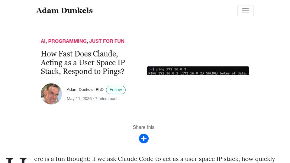 Screenshot of dunkels.com: How Fast Does Claude, Acting as a User Space IP Stack, Respond to Pings?