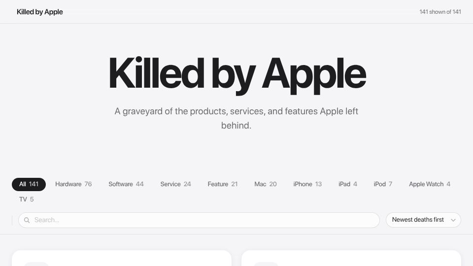 Screenshot of killedbyapple.theden.sh: Killed by Apple