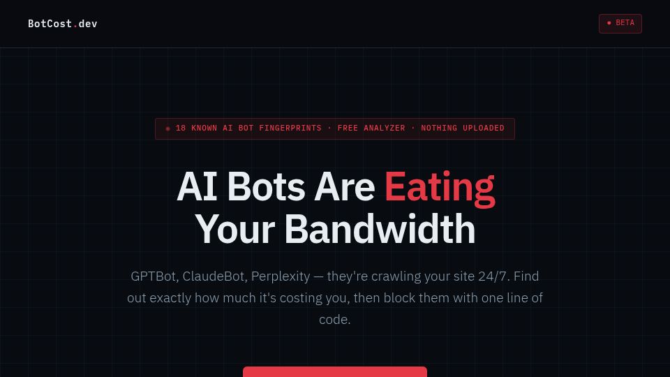 Screenshot of botcost.dev: Show HN: Free tool to see how much AI bots are costing your site