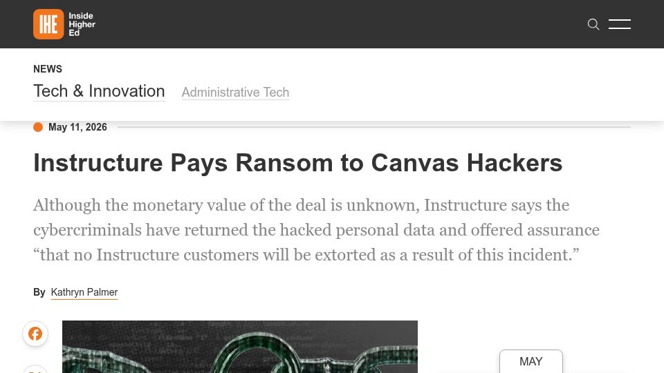 Screenshot of insidehighered.com: Instructure pays ransom to Canvas hackers