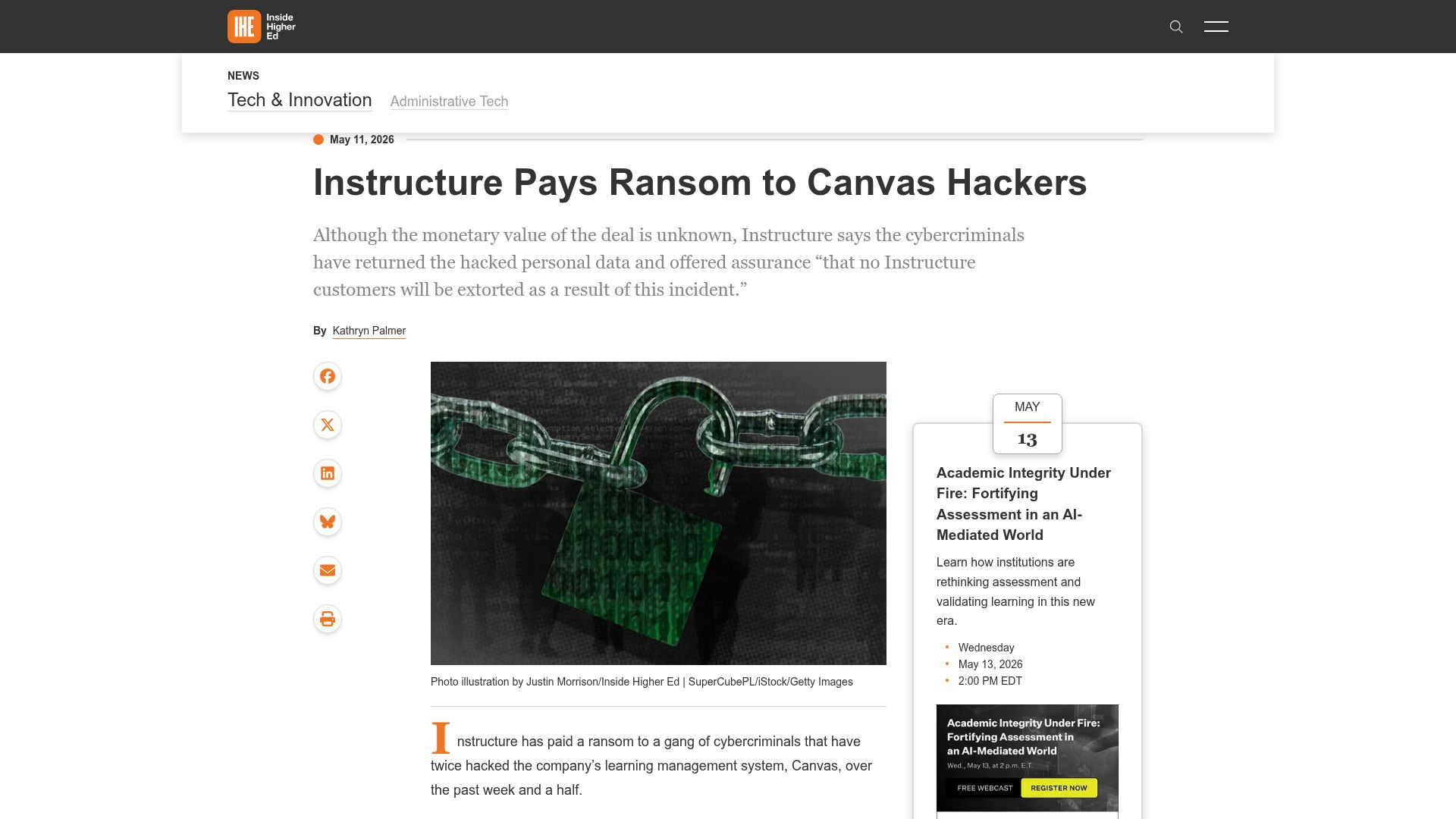 Screenshot of insidehighered.com: Instructure pays ransom to Canvas hackers