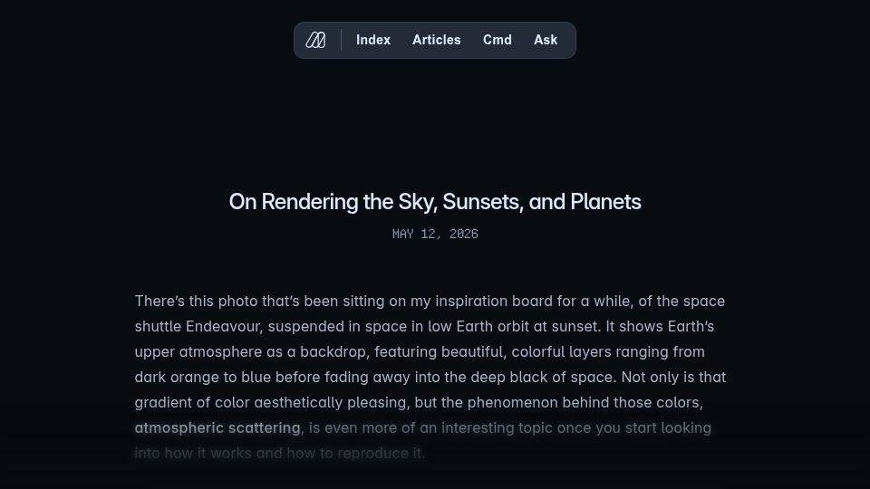 Screenshot of blog.maximeheckel.com: Rendering the Sky, Sunsets, and Planets