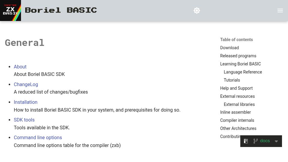 Screenshot of zxbasic.readthedocs.io: Boriel BASIC