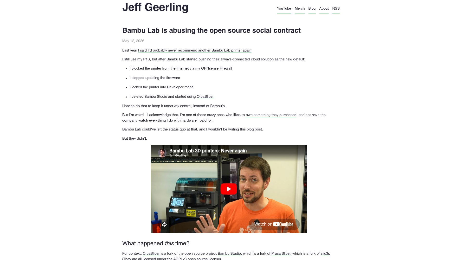 Screenshot of jeffgeerling.com: Bambu Lab is abusing the open source social contract