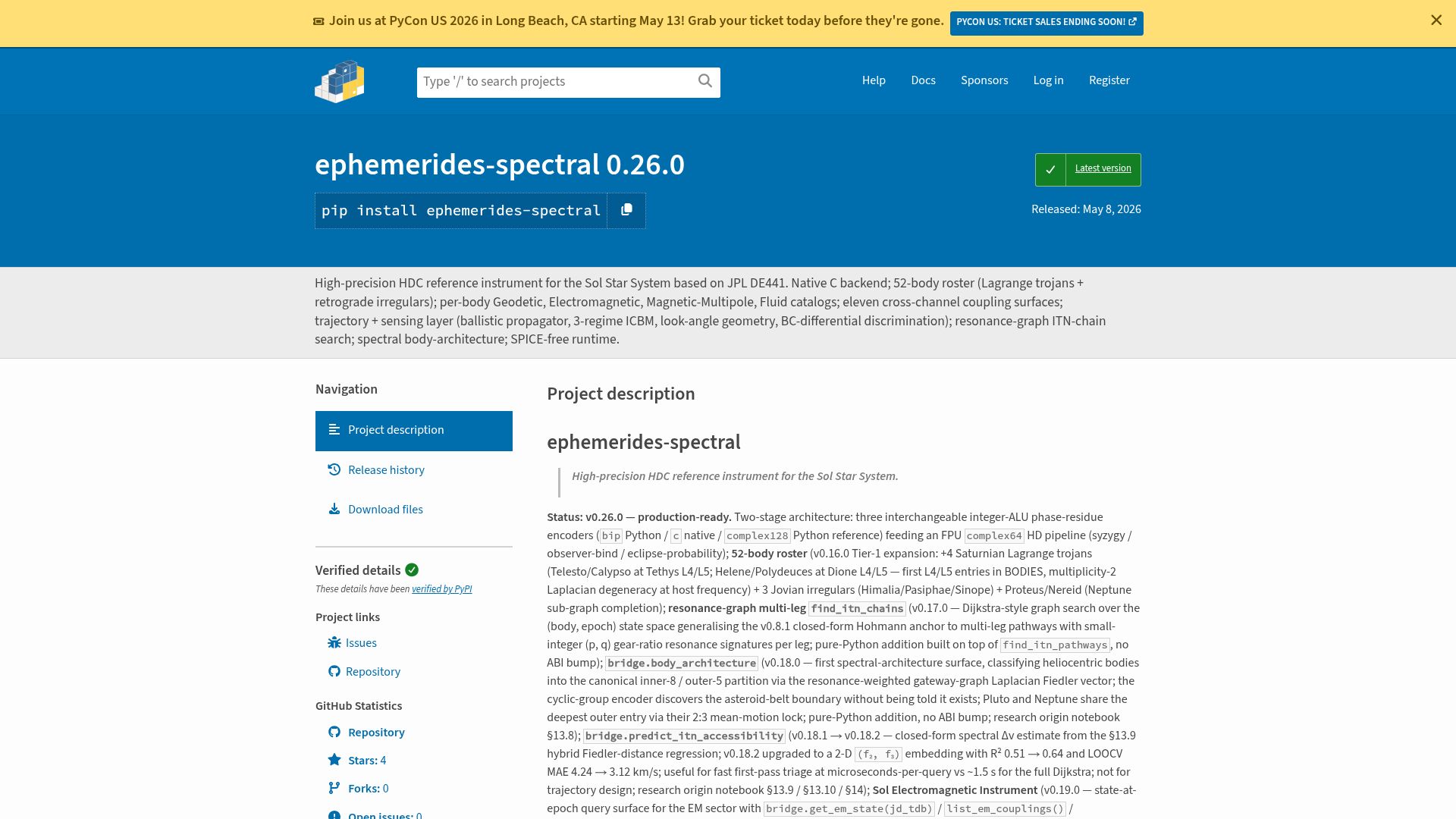 Screenshot of pypi.org: High-precision HDC reference instrument for the Sol Star System