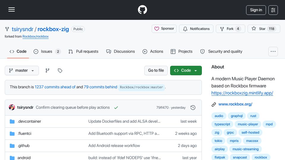 Screenshot of github.com: Show HN: A modern Music Player Daemon based on Rockbox firmware