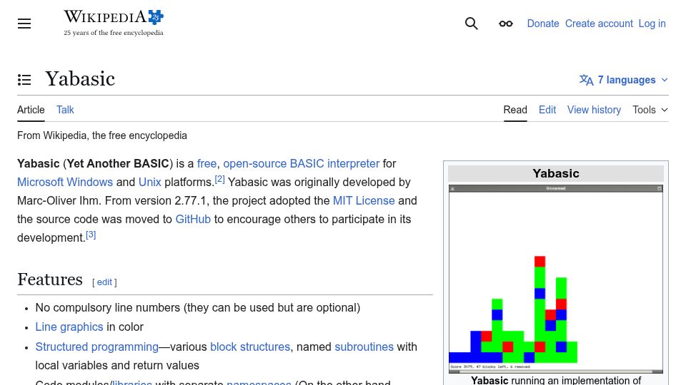 Screenshot of en.wikipedia.org: Yabasic (Yet Another Basic)