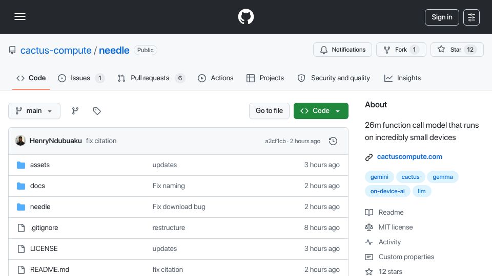 Screenshot of github.com: Show HN: Needle: We Distilled Gemini Tool Calling into a 26M Model