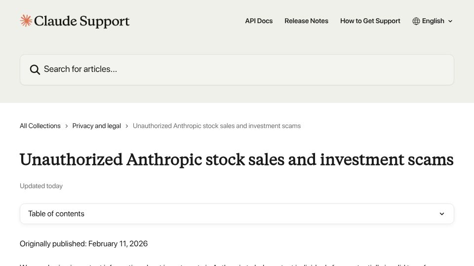 Screenshot of support.claude.com: Unauthorized Anthropic stock sales and investment scams