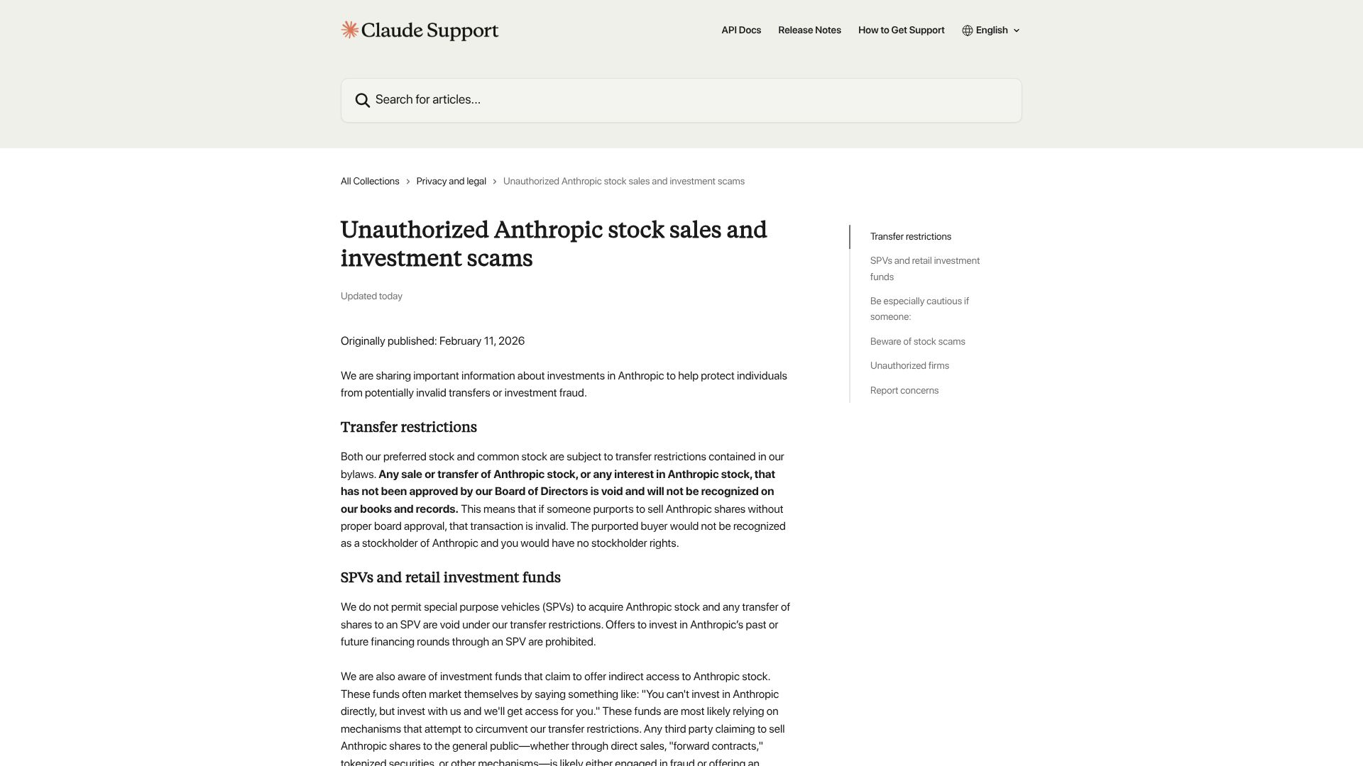 Screenshot of support.claude.com: Unauthorized Anthropic stock sales and investment scams