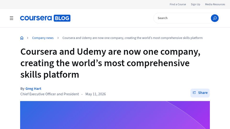 Screenshot of blog.coursera.org: Coursera and Udemy are now one company