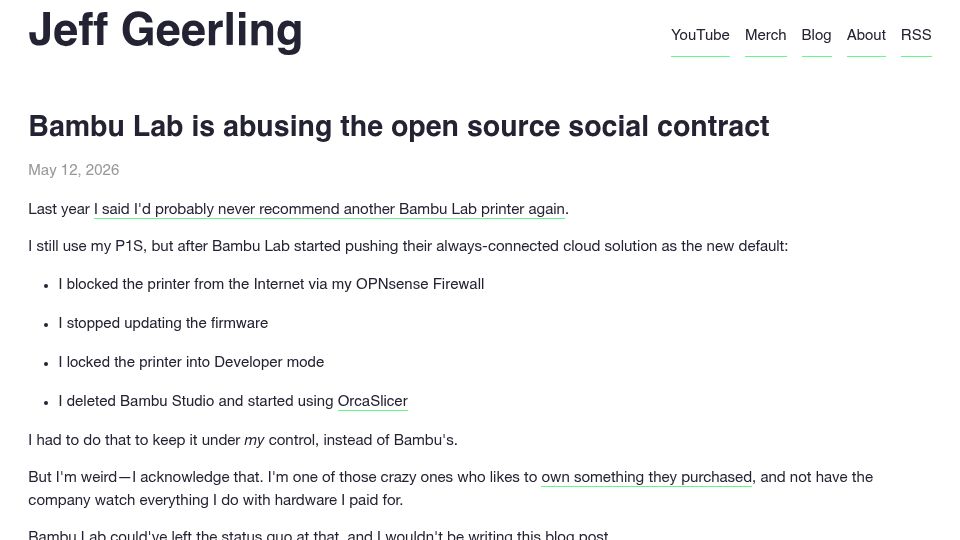 Screenshot of jeffgeerling.com: Bambu Lab is abusing the open source social contract