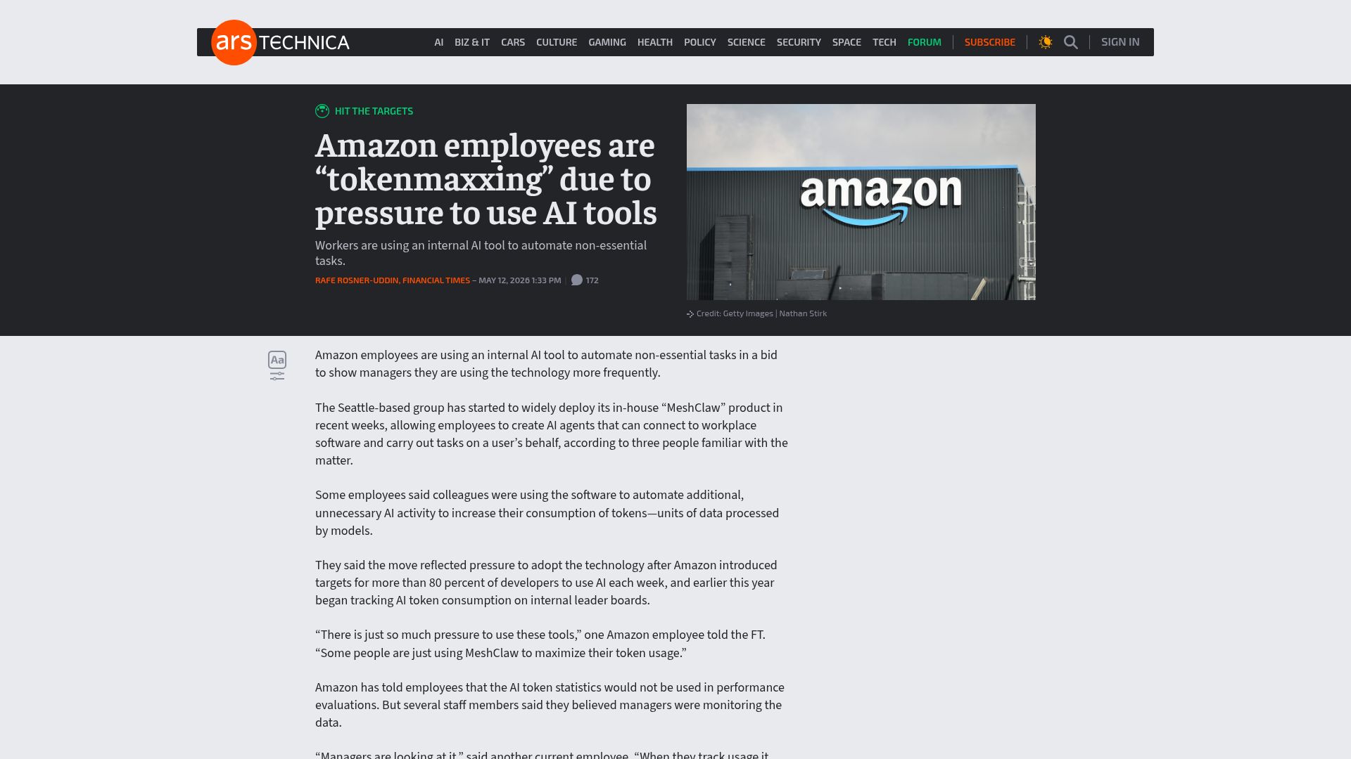Screenshot of arstechnica.com: Amazon employees are "tokenmaxxing" due to pressure to use AI tools