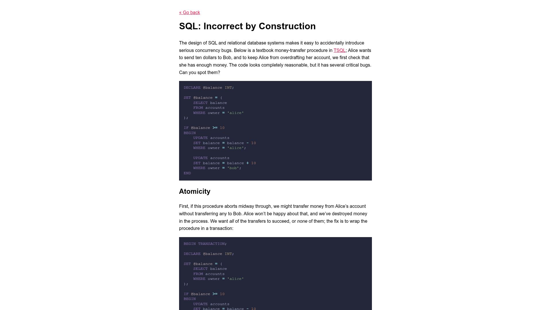 Screenshot of chreke.com: SQL: Incorrect by Construction