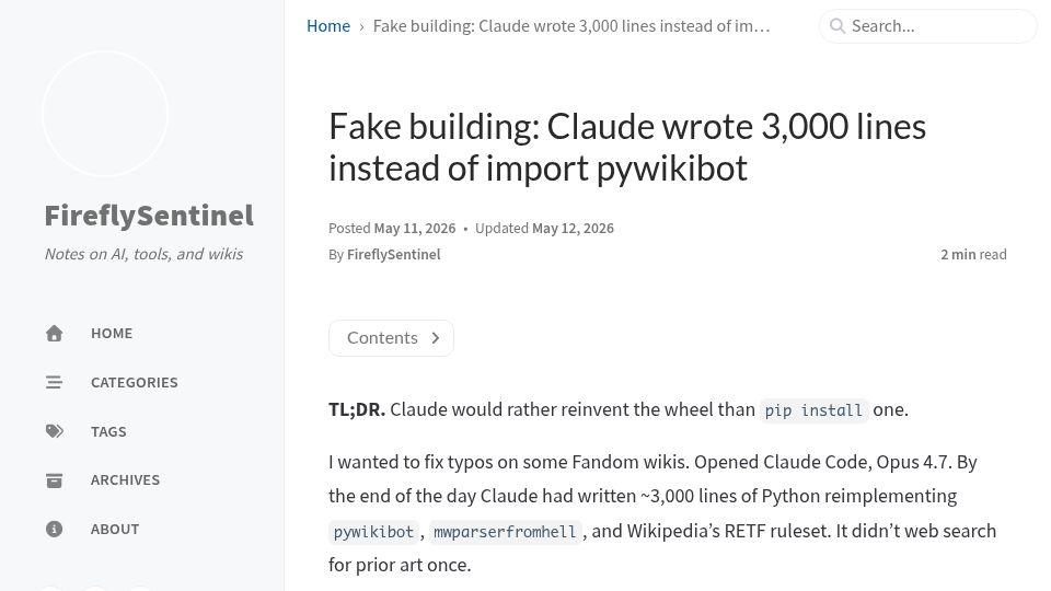 Screenshot of fireflysentinel.github.io: Fake building: Claude wrote 3k lines instead of import pywikibot