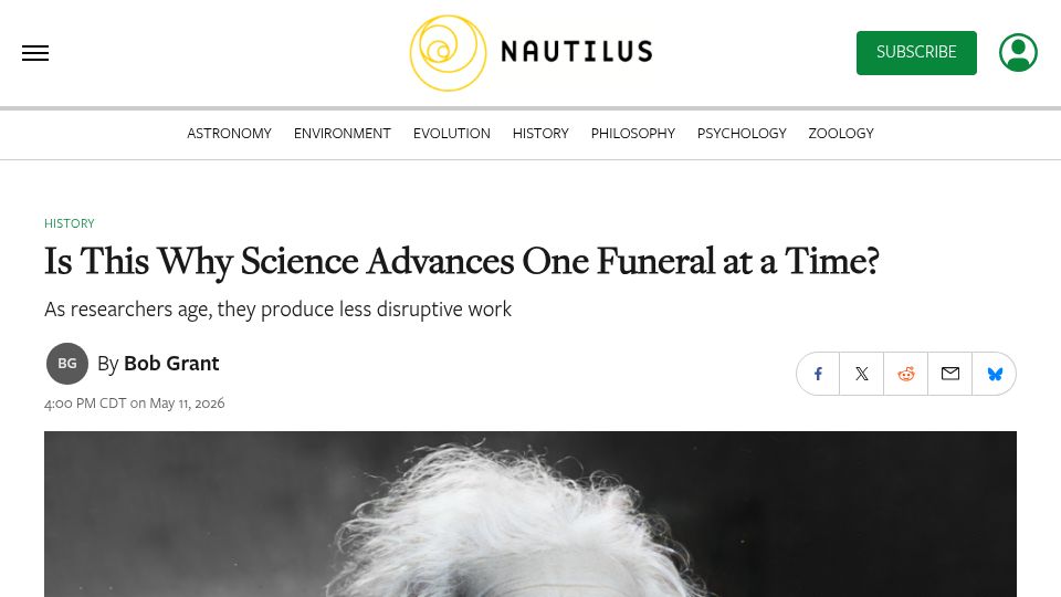 Screenshot of nautil.us: As researchers age, they produce less disruptive work