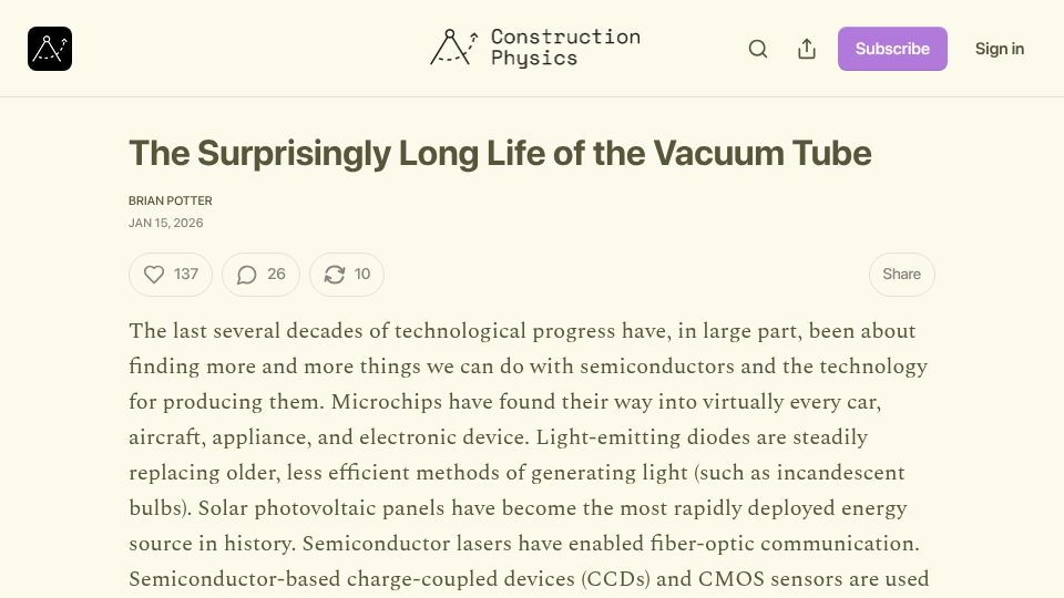 Screenshot of construction-physics.com: The Surprisingly Long Life of the Vacuum Tube
