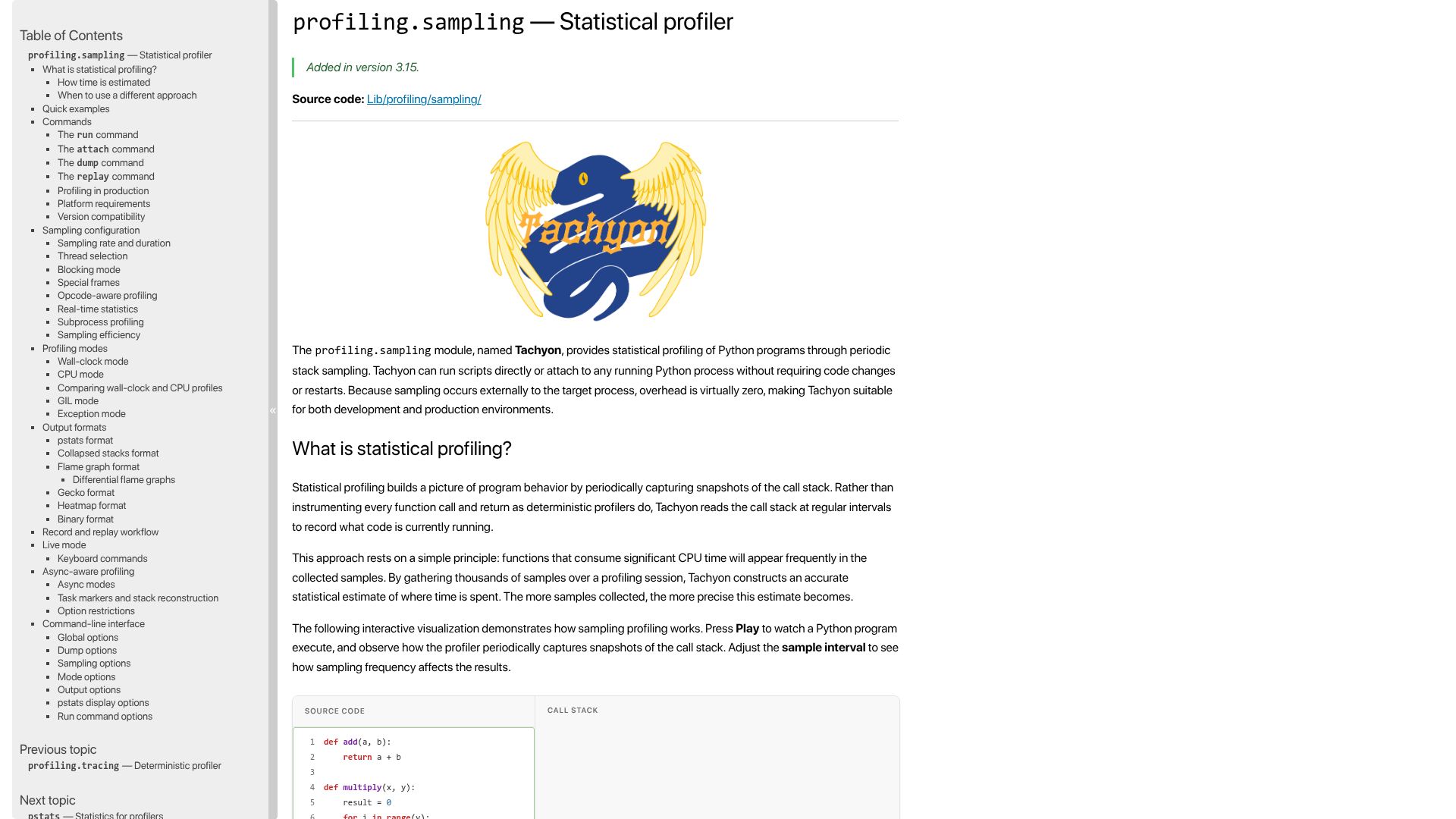 Screenshot of docs.python.org: Profiling.sampling – Statistical Profiler