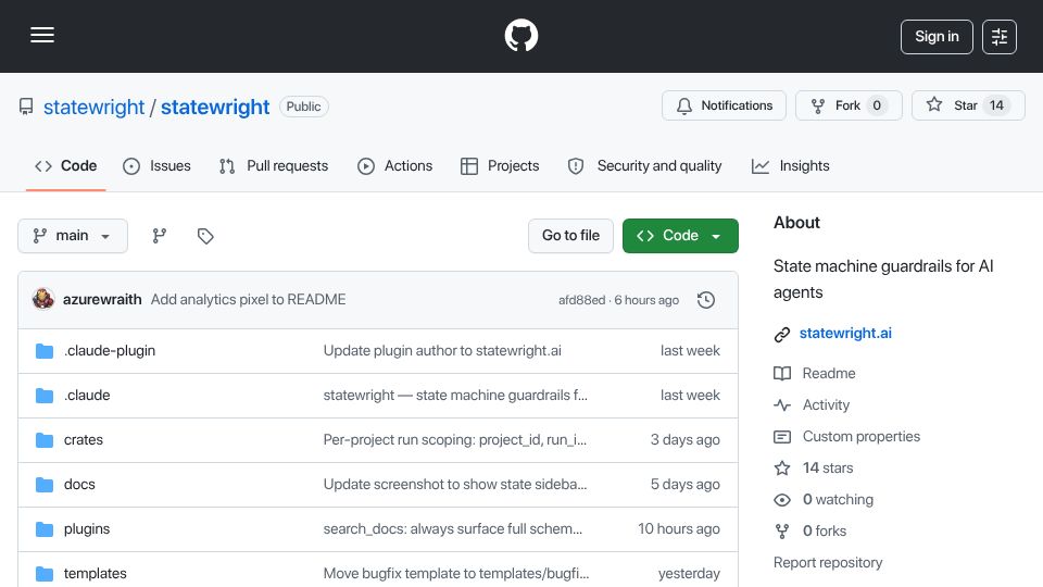 Screenshot of github.com: Show HN: Statewright – Visual state machines that make AI agents reliable