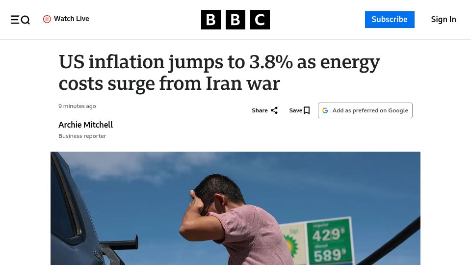 Screenshot of bbc.com: US inflation jumps to 3.8% as energy costs surge from Iran war