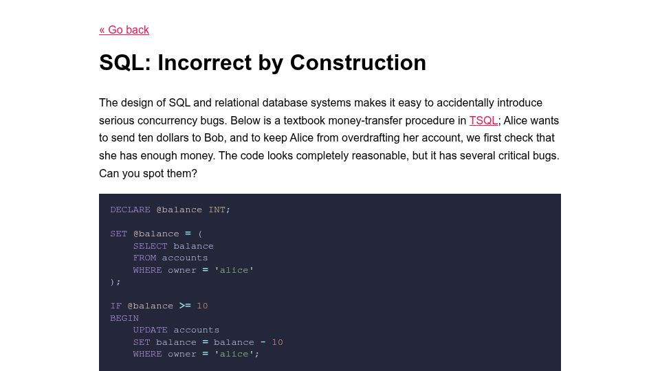 Screenshot of chreke.com: SQL: Incorrect by Construction