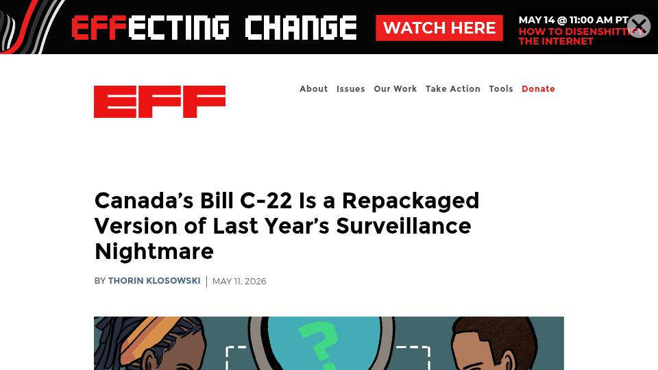 Screenshot of eff.org: Canada’s Bill C-22 Is a Repackaged Version of Last Year’s Surveillance Nightmare
