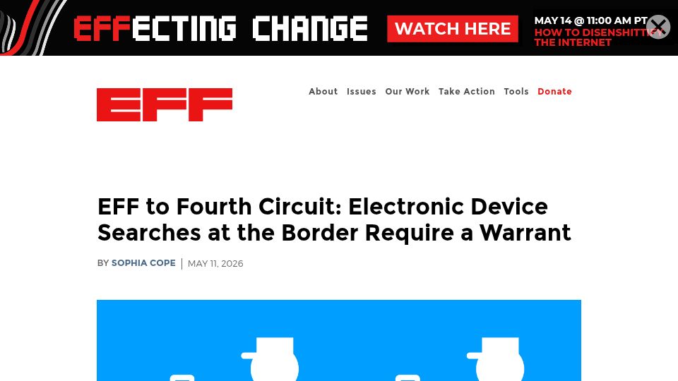 Screenshot of eff.org: EFF to 4th Circuit: Electronic Device Searches at the Border Require a Warrant