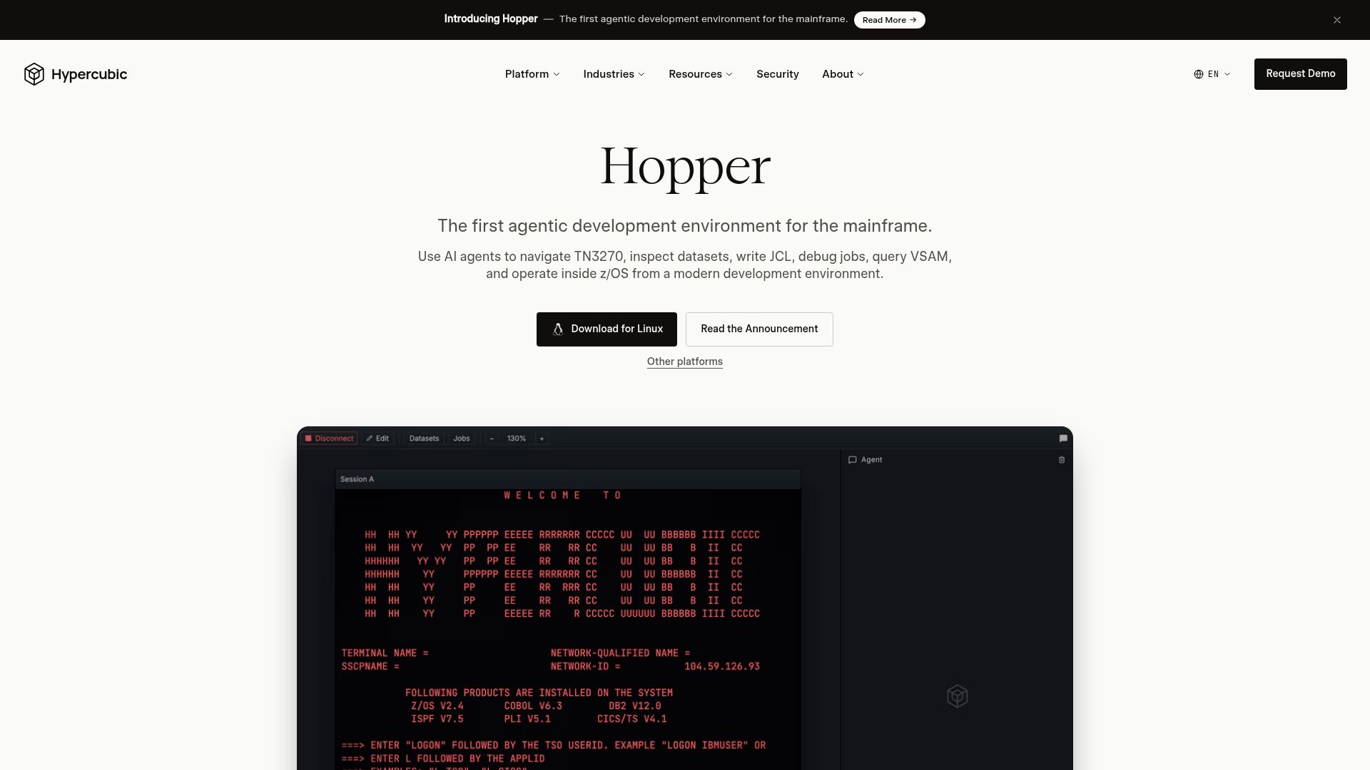 Screenshot of hypercubic.ai: Show HN: Agentic interface for mainframes and COBOL