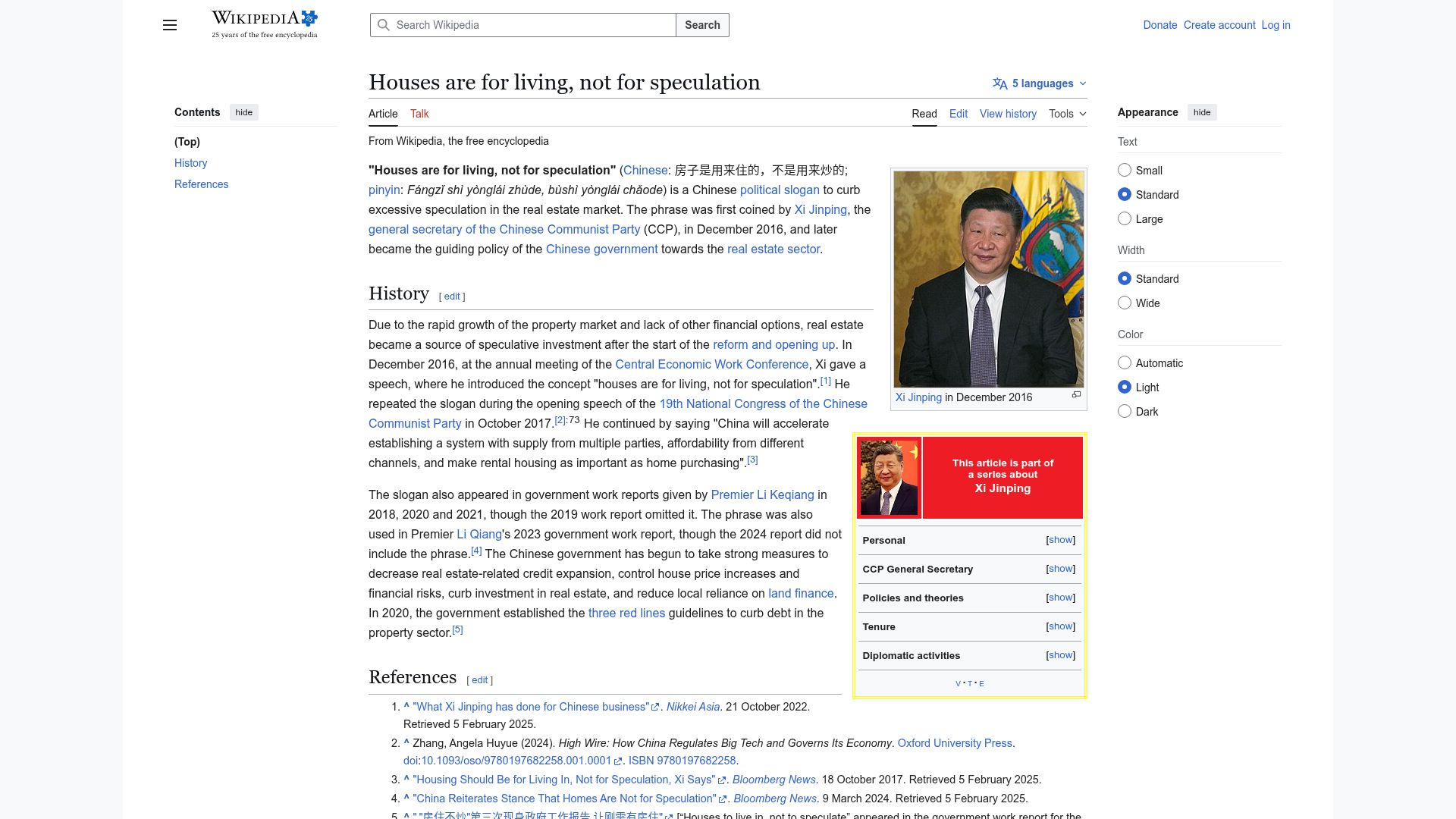 Screenshot of en.wikipedia.org: Houses are for living, not for speculation