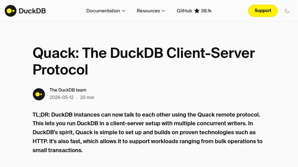 Screenshot of duckdb.org: Quack: The DuckDB Client-Server Protocol