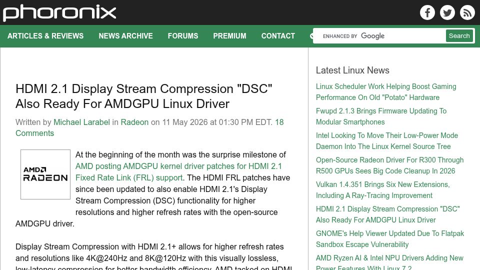 Screenshot of phoronix.com: HDMI 2.1 Display Stream Compression (DSC) Ready for Amdgpu Linux Driver