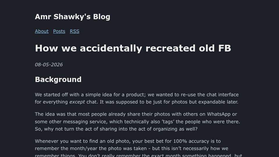 Screenshot of amrshawky.com: We accidentally recreated old Facebook