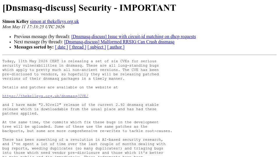 Screenshot of lists.thekelleys.org.uk: CERT is releasing six CVEs for serious security vulnerabilities in dnsmasq