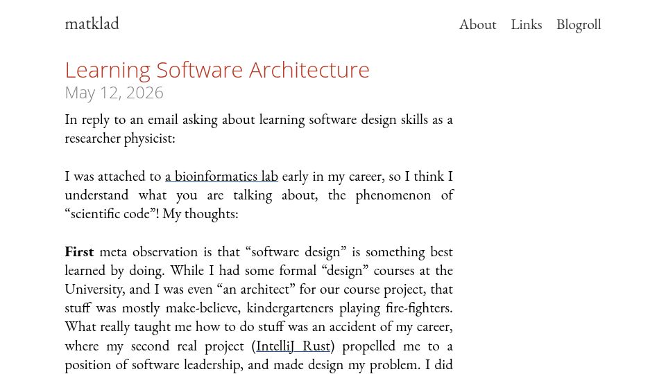 Screenshot of matklad.github.io: Learning Software Architecture