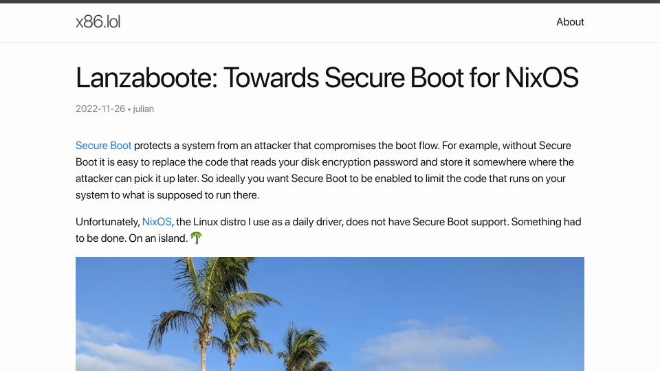 Screenshot of x86.lol: Lanzaboote – NixOS Secure Boot