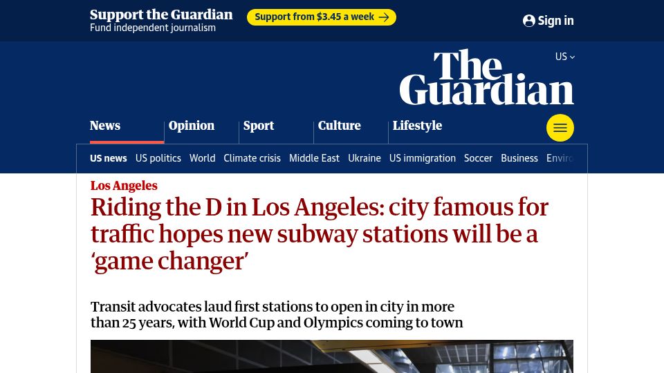 Screenshot of theguardian.com: Riding the D in Los Angeles: city hopes new subway stations will be game changer