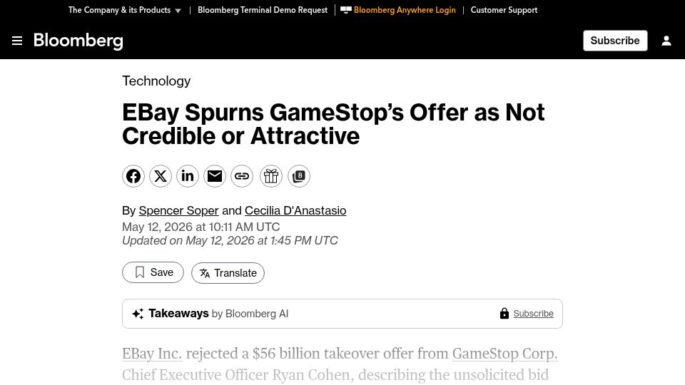 Screenshot of bloomberg.com: eBay Rejects GameStop's $56B Takeover as Not Credible