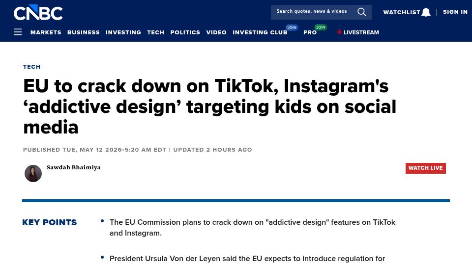 Screenshot of cnbc.com: EU to crack down on TikTok, Instagram's 'addictive design' targeting kids