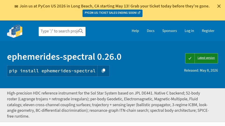 Screenshot of pypi.org: High-precision HDC reference instrument for the Sol Star System