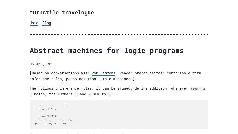 Screenshot of chrisistyping.bearblog.dev: Abstract Machines for Logic Programs