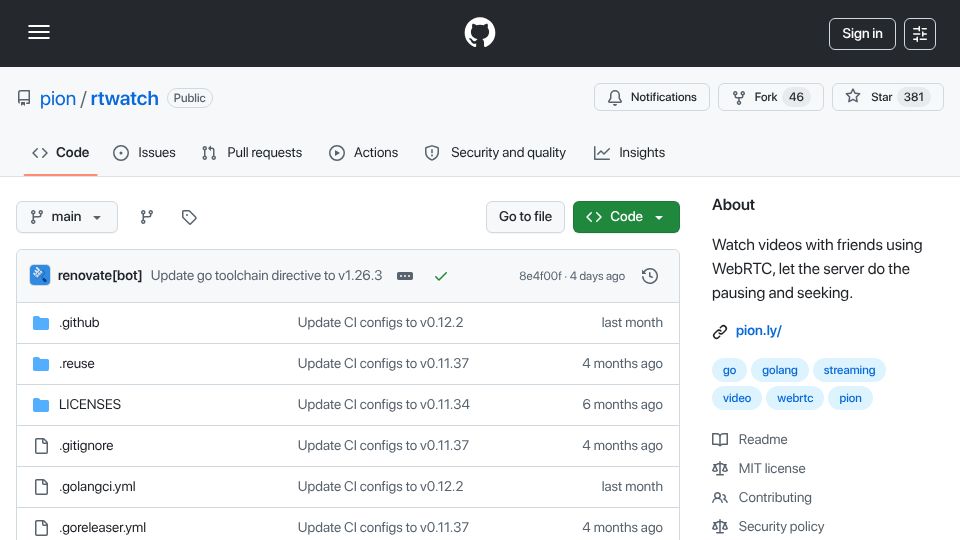 Screenshot of github.com: Rtwatch: Watch videos with friends using WebRTC