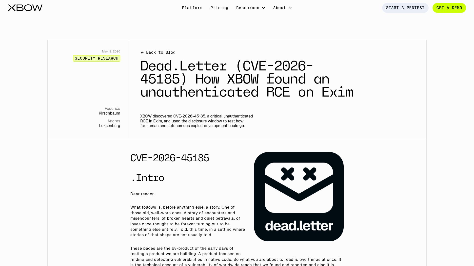 Screenshot of xbow.com: Dead.Letter (CVE-2026-45185) – How XBOW found an unauthenticated RCE on Exim