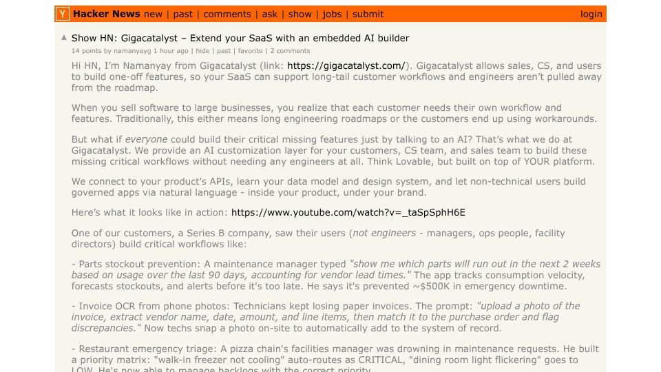 Screenshot of Hacker News post: Show HN: Gigacatalyst – Extend your SaaS with an embedded AI builder