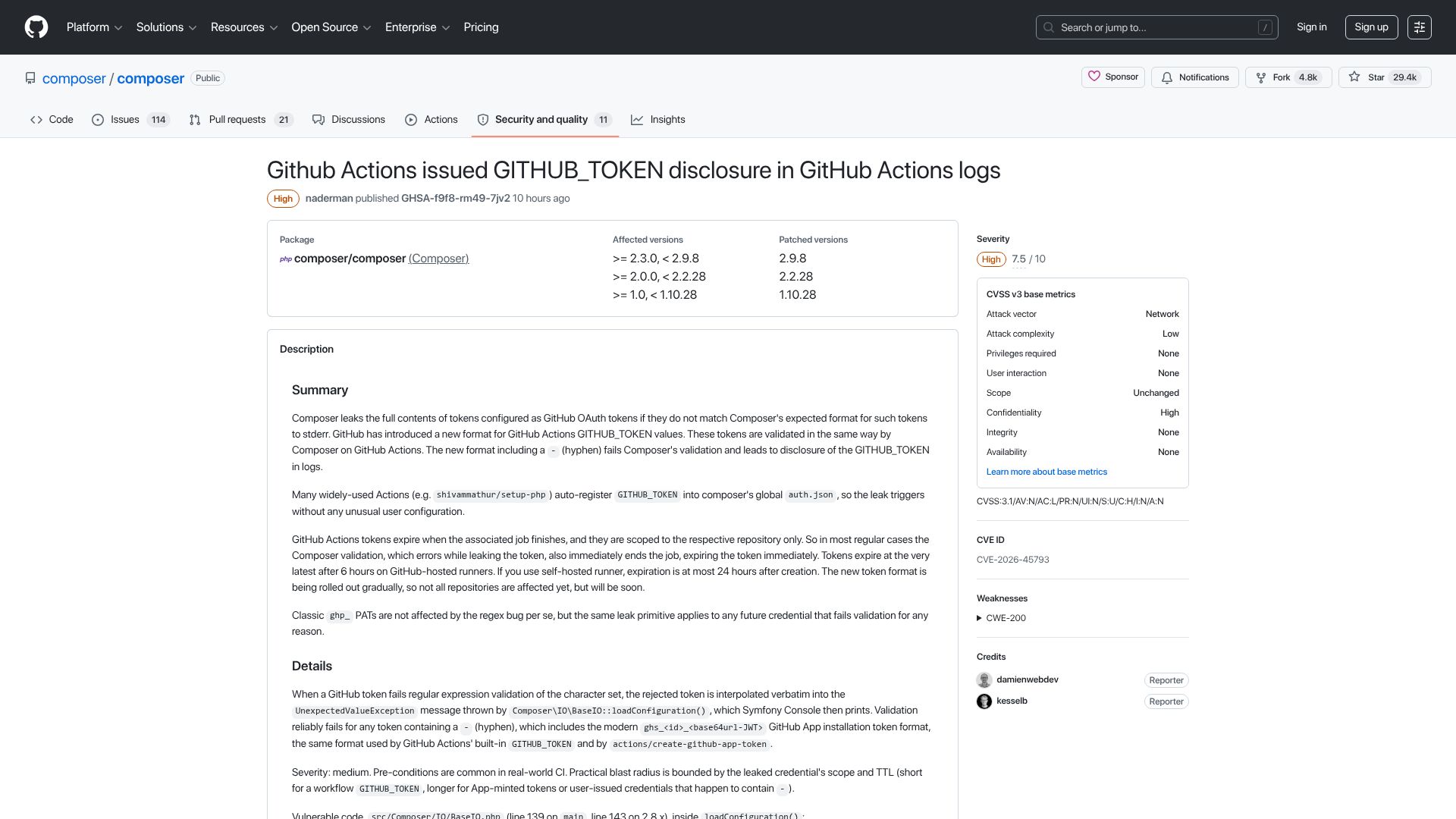 Screenshot of github.com: Composer leaks contents of tokens configured as GitHub OAuth tokens