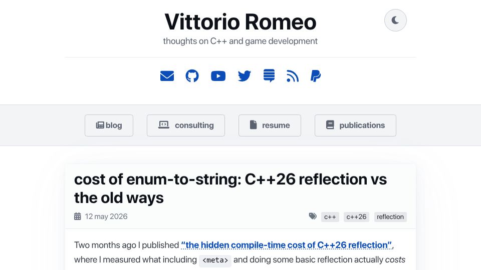 Screenshot of vittorioromeo.com: Cost of enum-to-string: C++26 reflection vs. the old ways